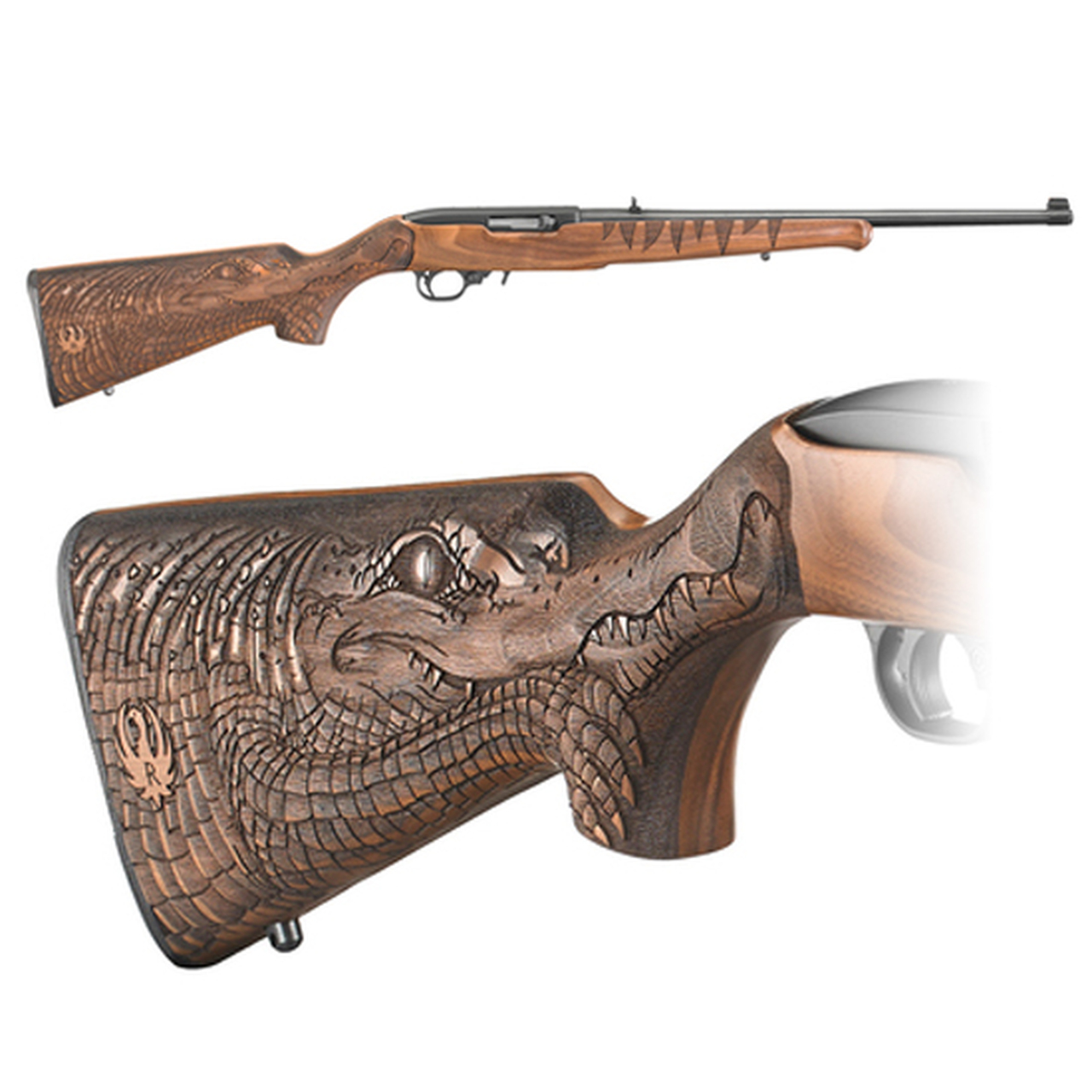 Ruger 10/22 Deluxe Engraved Gator Stock, Adjustable Rear Sight, Gold Bead Front Sight, Satin Black Receiver & 18.5″ Barrel, 10 Round 22LR Rotary Magazine