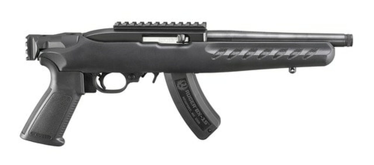 Ruger 22 Charger Railed Brace Mount, Rimfire Pistol, 22 LR, 8″ 1/2-28 Threaded Barrel, Matte Black, A2-Style Grip, Black Polymer Stock, Picatinny Top Rail Installed, 15Rd, Includes Adjustable Bipod