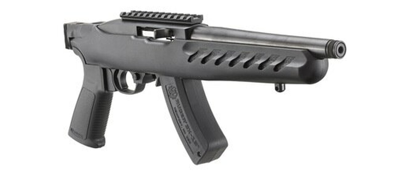 Ruger 22 Charger Railed Brace Mount, Rimfire Pistol, 22 LR, 8″ 1/2-28 Threaded Barrel, Matte Black, A2-Style Grip, Black Polymer Stock, Picatinny Top Rail Installed, 15Rd, Includes Adjustable Bipod