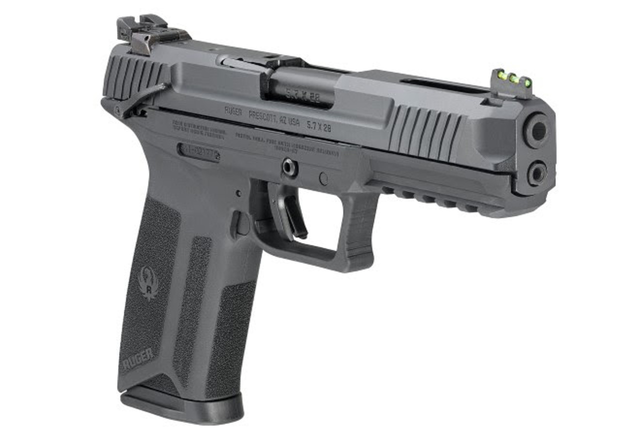 Ruger-57 5.7x28mm, 4.9″ Barrel, Fiber Optic Front, Black, 10rd Mag
