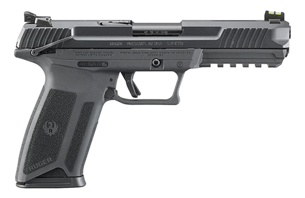 Ruger 57 5.7x28mm, 4.9″ Barrel, Fiber Optic Front, Black, 20rd Mag
