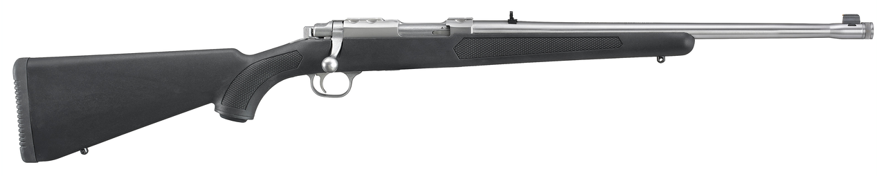 Ruger 77 357 Magnum, 18.5″ Threaded Barrel, 1/2X28 Threads, Stainless Finish, Adjustable Rear Sight, Bead Front Sight, 5rd
