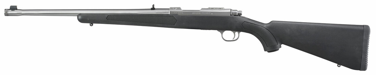 Ruger 77 357 Magnum, 18.5″ Threaded Barrel, 1/2X28 Threads, Stainless Finish, Adjustable Rear Sight, Bead Front Sight, 5rd