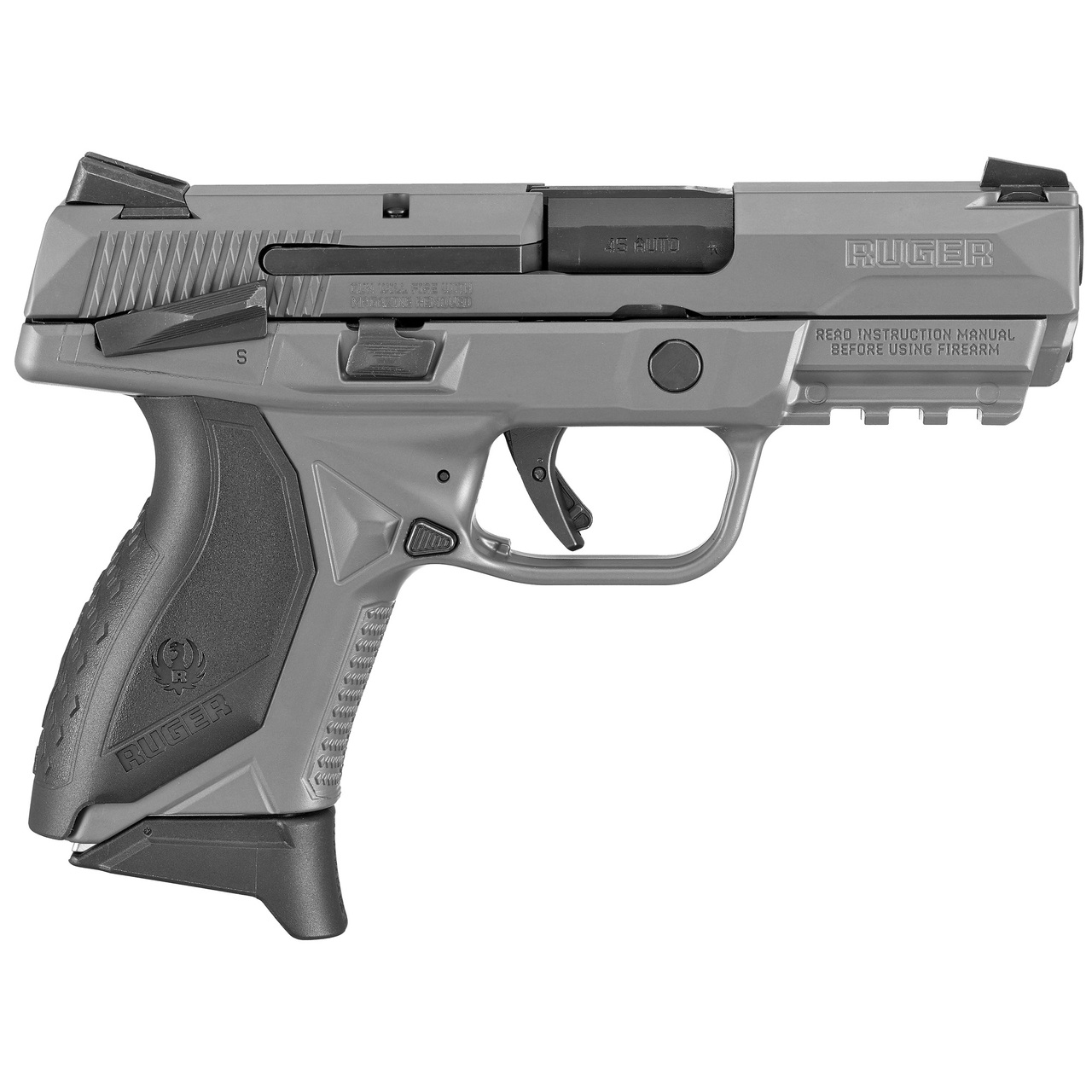Ruger American Pistol Striker Fired, 45 ACP, 3.75″ Barrel, Manual Safety, Polymer Frame, Gray Finish, (3) 7rd Mags, 3 Dot Sights
