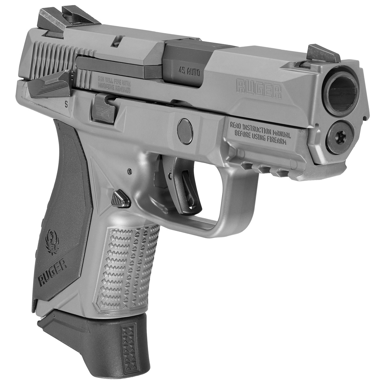 Ruger American Pistol Striker Fired, 45 ACP, 3.75″ Barrel, Manual Safety, Polymer Frame, Gray Finish, (3) 7rd Mags, 3 Dot Sights