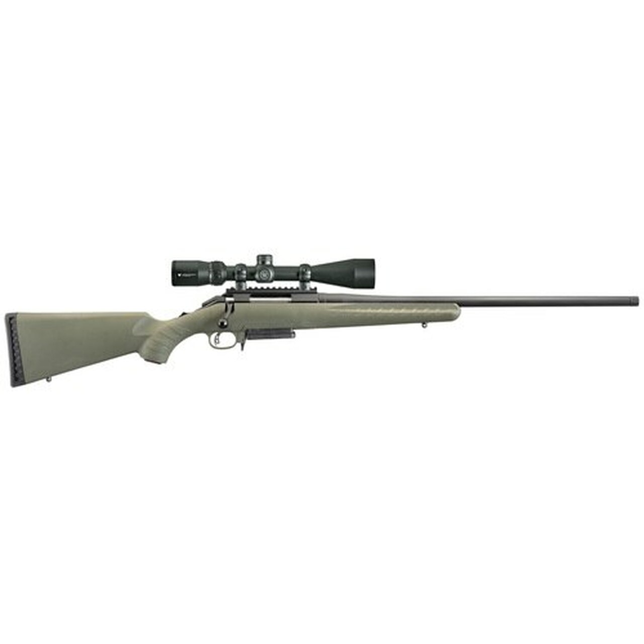 Ruger American Predator Bolt-Action, 308 Win 18″ Threaded Barrel, Matte Black, Moss Green Synthetic Stock, Vortex Crossfire II Scope, 3Rd Mag
