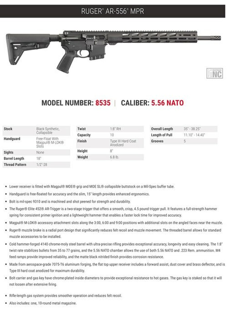 Ruger AR556 5.56mm, 18″ Barrel, Free-float MP MOE Grip, 10rd