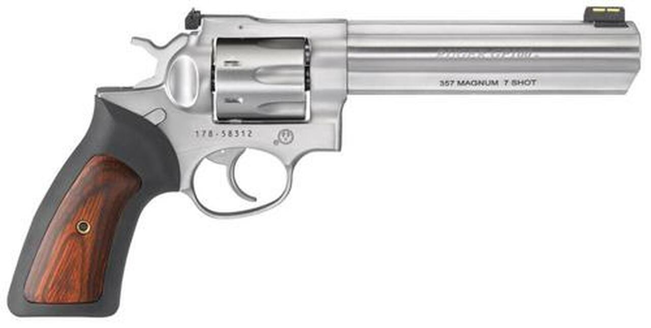 Ruger GP100 .357 Mag, 6″, 7rd, Satin Stainless Steel, Fiber Optic Front Sight, Adjustable Rear Sight