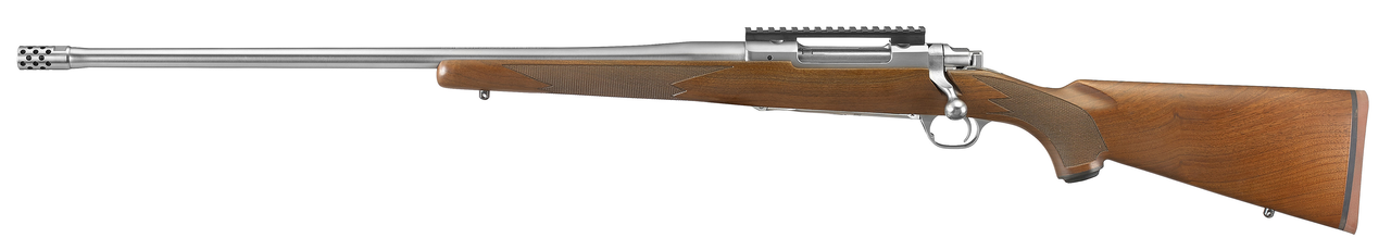 Ruger Hawkeye Hunter 300 Winchester Magnum, 24″ Free Floated Cold Hammer Forged Barrel, 5/8X24 Threads, Satin Stainless Finish, Walnut Stock, Left Hand, LC6 Trigger, 3rd