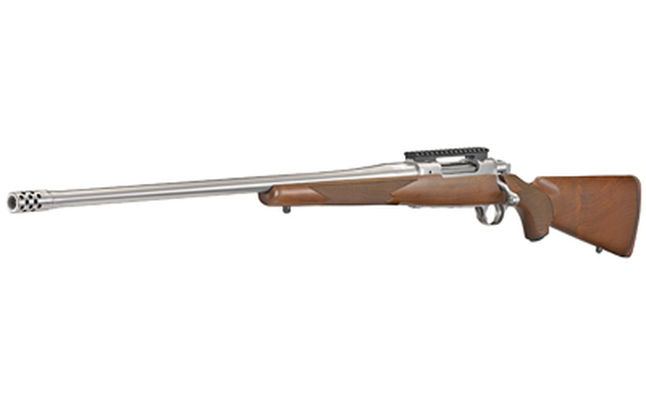 Ruger Hawkeye Hunter 300 Winchester Magnum, 24″ Free Floated Cold Hammer Forged Barrel, 5/8X24 Threads, Satin Stainless Finish, Walnut Stock, Left Hand, LC6 Trigger, 3rd