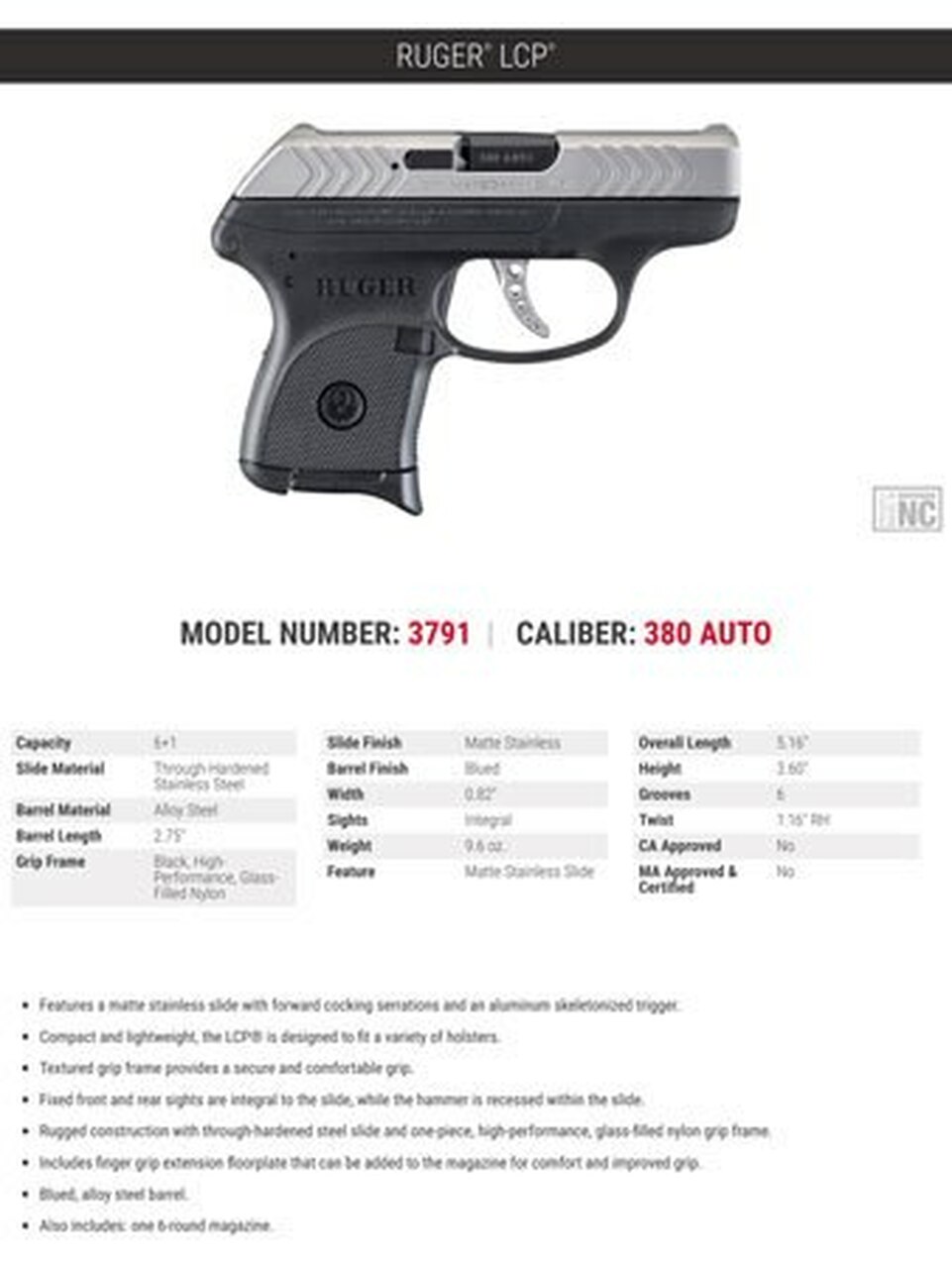 Ruger LCP 380 ACP Double, 2.75″ Barrel, Black Grip, Stainless Slide