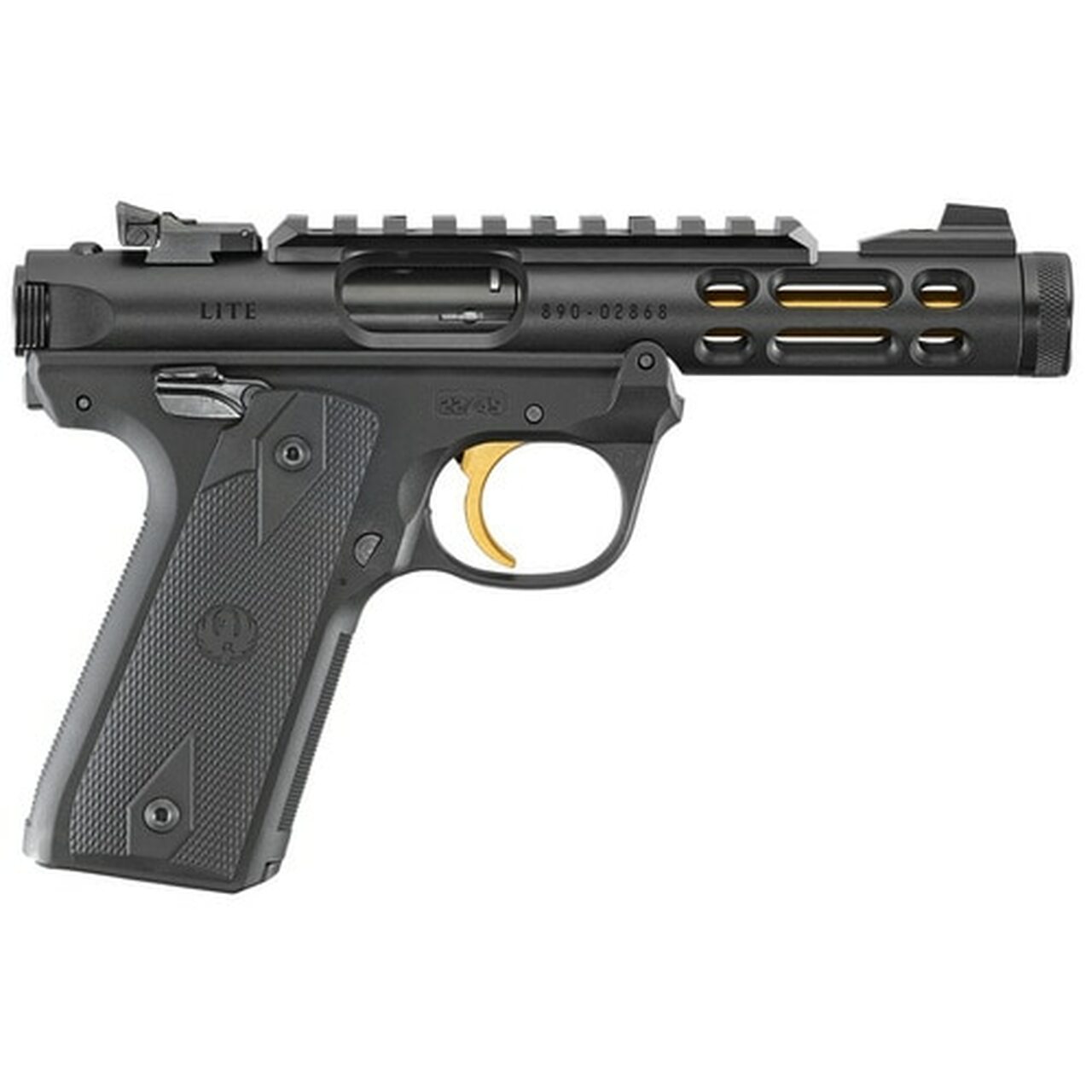 Ruger Mark IV Lite 22/45 22LR, 4.4″ Gold Finished Threaded Barrel, Polymer Frame, Black, Checkered Grips, 10Rd Mag