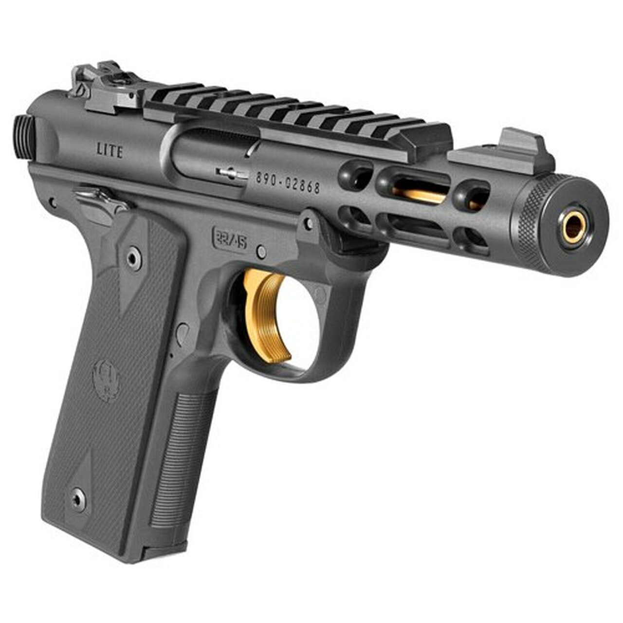 Ruger Mark IV Lite 22/45 22LR, 4.4″ Gold Finished Threaded Barrel, Polymer Frame, Black, Checkered Grips, 10Rd Mag