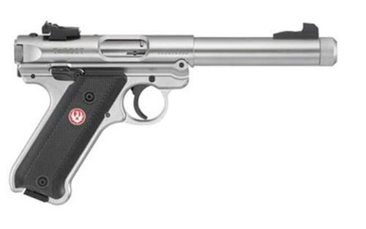 Ruger Mark IV Target, 22LR, 5.5″, 10rd, Stainless Steel, Adjustable Rear Sight, Checkered Grip