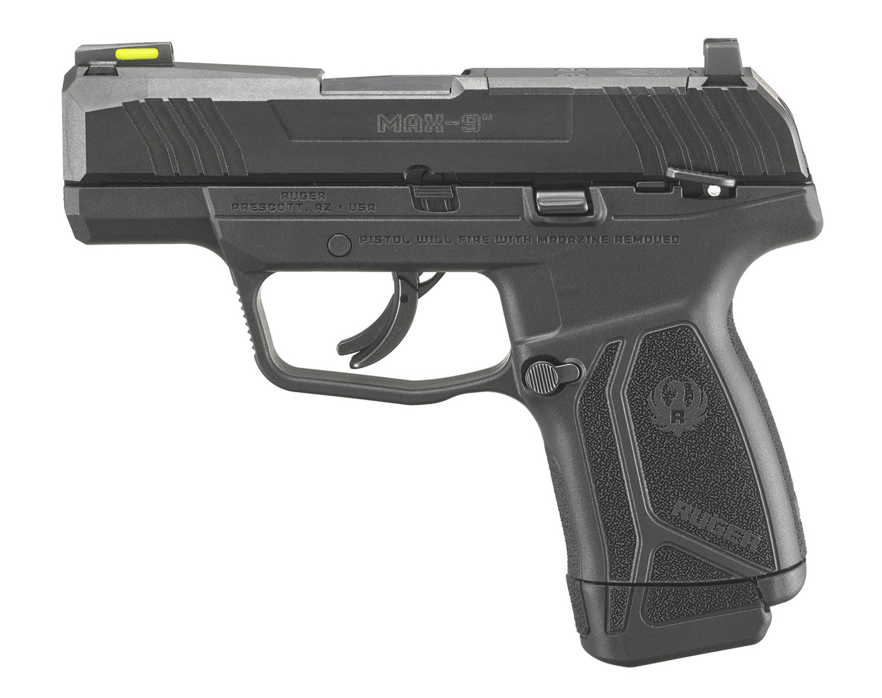 Ruger, MAX-9, Semi-automatic, Striker Fired, Sub-Compact, 9mm, 3.2″ Barrel, Black Oxide Finish, Polymer Frame, Thumb Safety, Optic Ready, Front TFO Night Sight, 12Rd, 1-12Rd and 1-10 Magazine