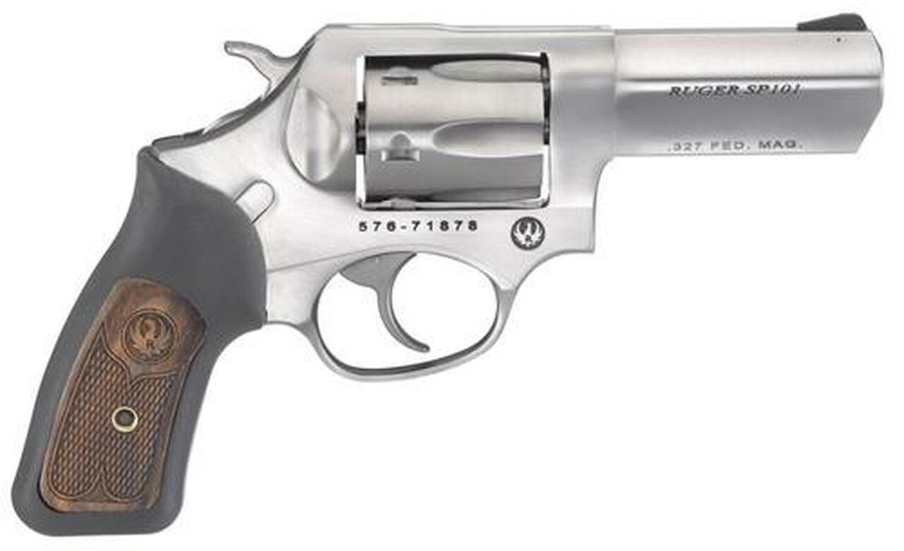 Ruger SP101 327 Fed 3″ Barrel 6 rd Black Rubber, Wood Insert Grip SS