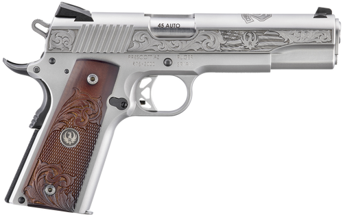 Ruger SR1911 75th Anniversary 45 ACP, 5″ Barrel, Engraved Stainless Steel, Engraved Hardwood Grip, 8rd