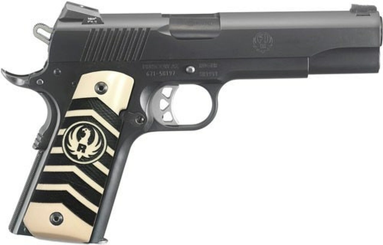 Ruger SR1911 Govt 10MM 5″ Barrel Night Sights, Ivorylite/Chevron Grips 8rd Mag