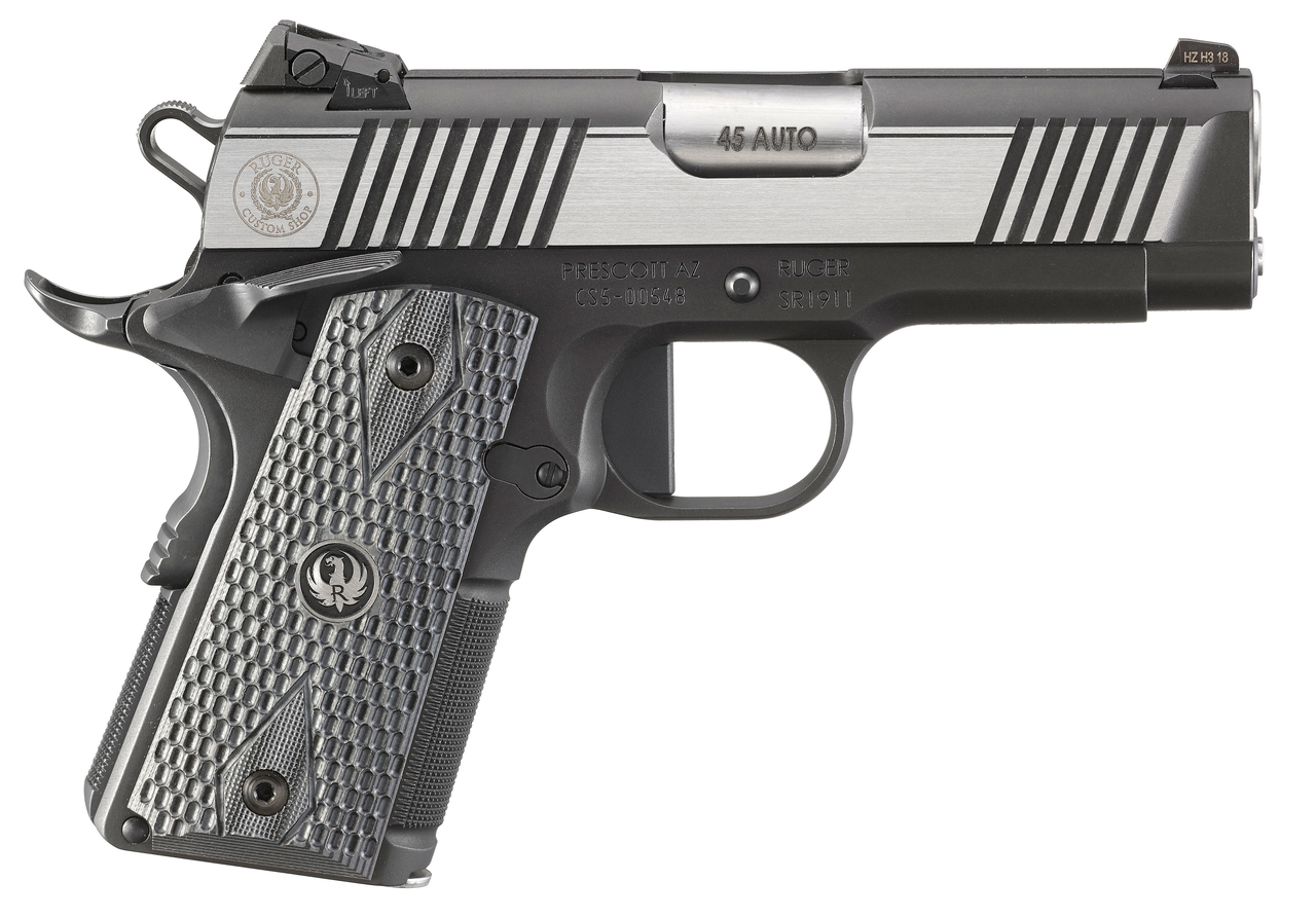 Ruger SR1911 Officer-Style 45ACP, 3.6″ Barrel, Steel Frame, Two-Tone Finish, 7Rd, Ambi Safety, Tritium Front Sight, Adjustable Rear Sight, Deluxe G10 Grips