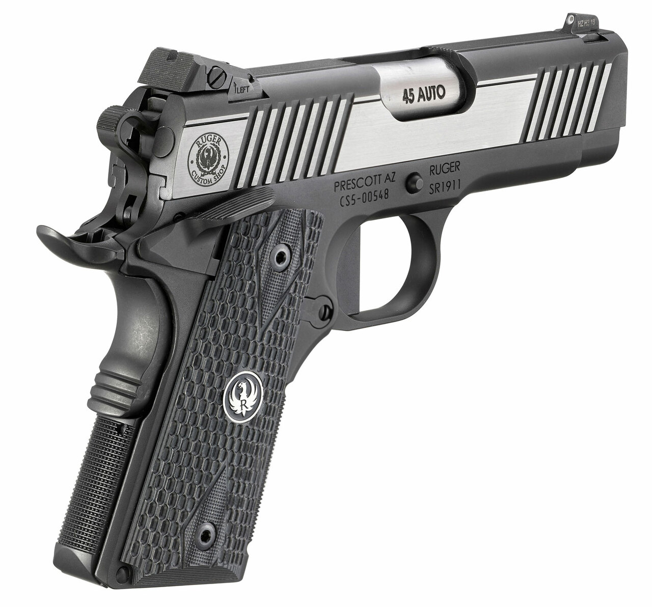 Ruger SR1911 Officer-Style 45ACP, 3.6″ Barrel, Steel Frame, Two-Tone Finish, 7Rd, Ambi Safety, Tritium Front Sight, Adjustable Rear Sight, Deluxe G10 Grips