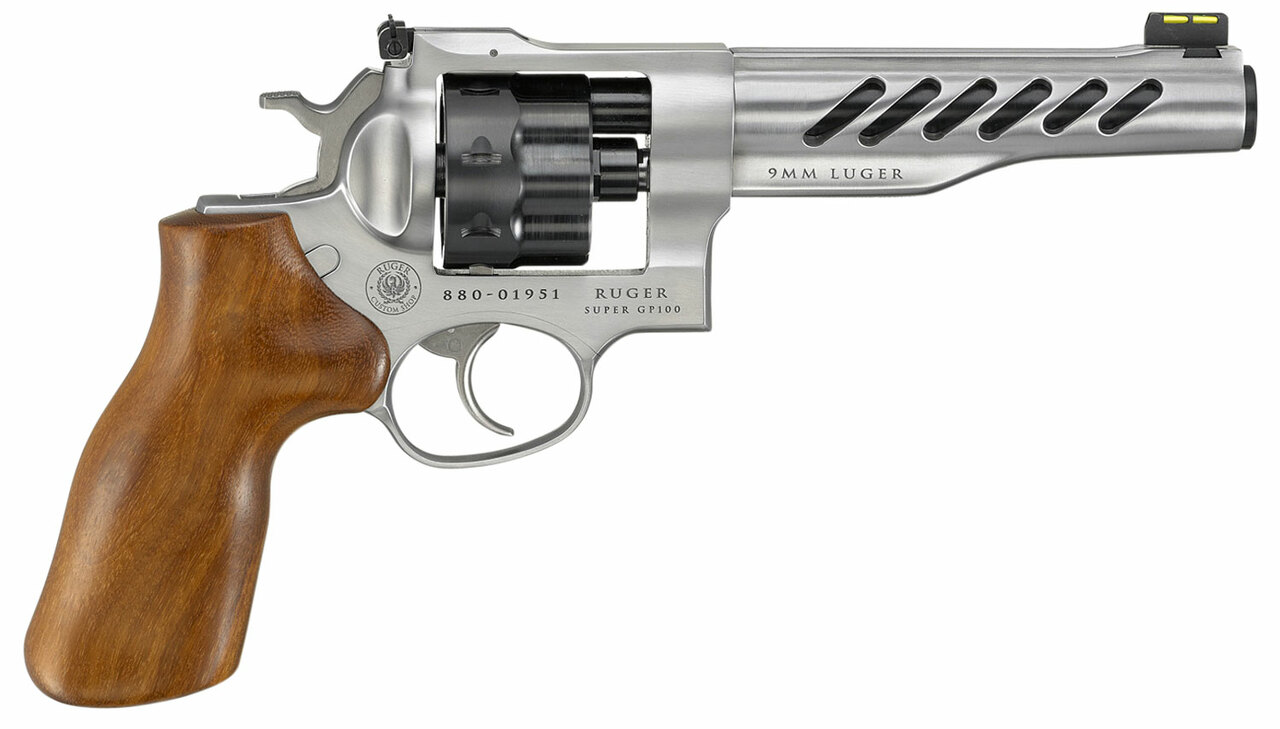 Ruger Super GP100 Full Size 9mm, 6″ Barrel, Stainless Steel, Hogue Wood Grips, 3 Moon Clips, Fiber Optic Front Sight, Adj Rear Sight, 8rd