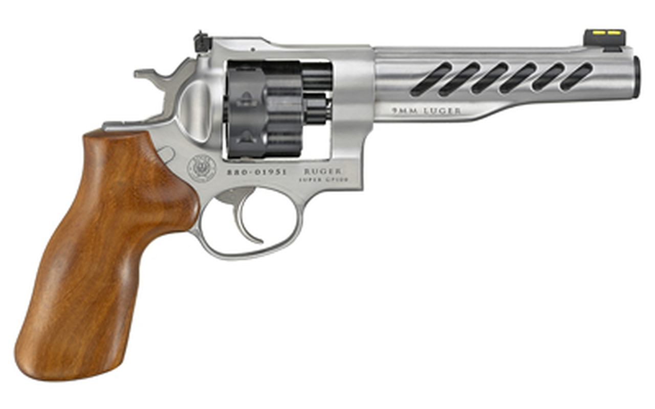 Ruger Super GP100 Full Size 9mm, 6″ Barrel, Stainless Steel, Hogue Wood Grips, 3 Moon Clips, Fiber Optic Front Sight, Adj Rear Sight, 8rd