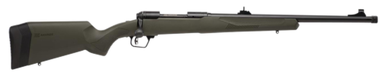 Savage 110 Hogue Hunter, 350 Legend, 18″ Barrel, Black Barrel and Action, Olive DrabGreen Polymer Stock, Adjustable Iron Sights, 4Rd,