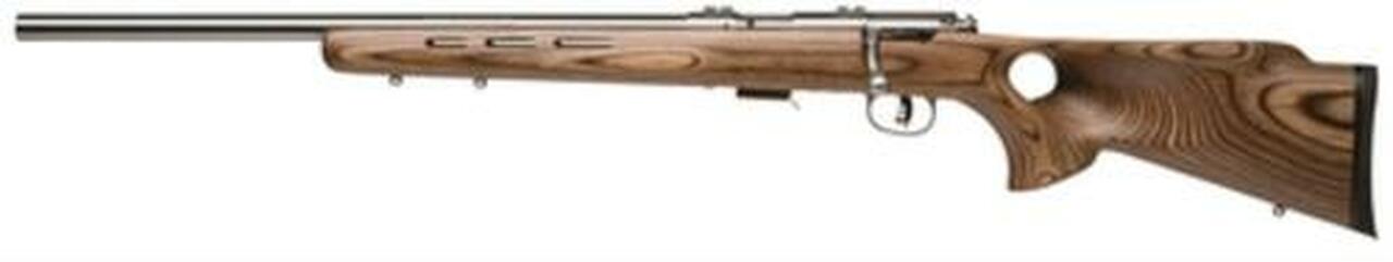 Savage 93R17 BTVLSS, 17HMR, 21″ Heavy Barrel, Stainless Steel Barrel and Action, Brown Laminated Thumbhole Stock, Left Hand, 5Rd, Detachable Box Magazine