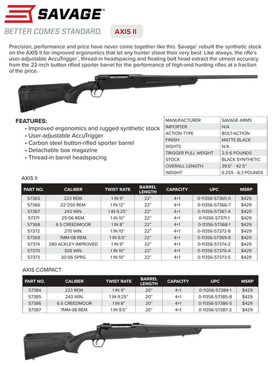 Savage AXIS II Compact 243 Win 20″ Barrel, Black, 4rd Synthetic Stock Black, 4rd