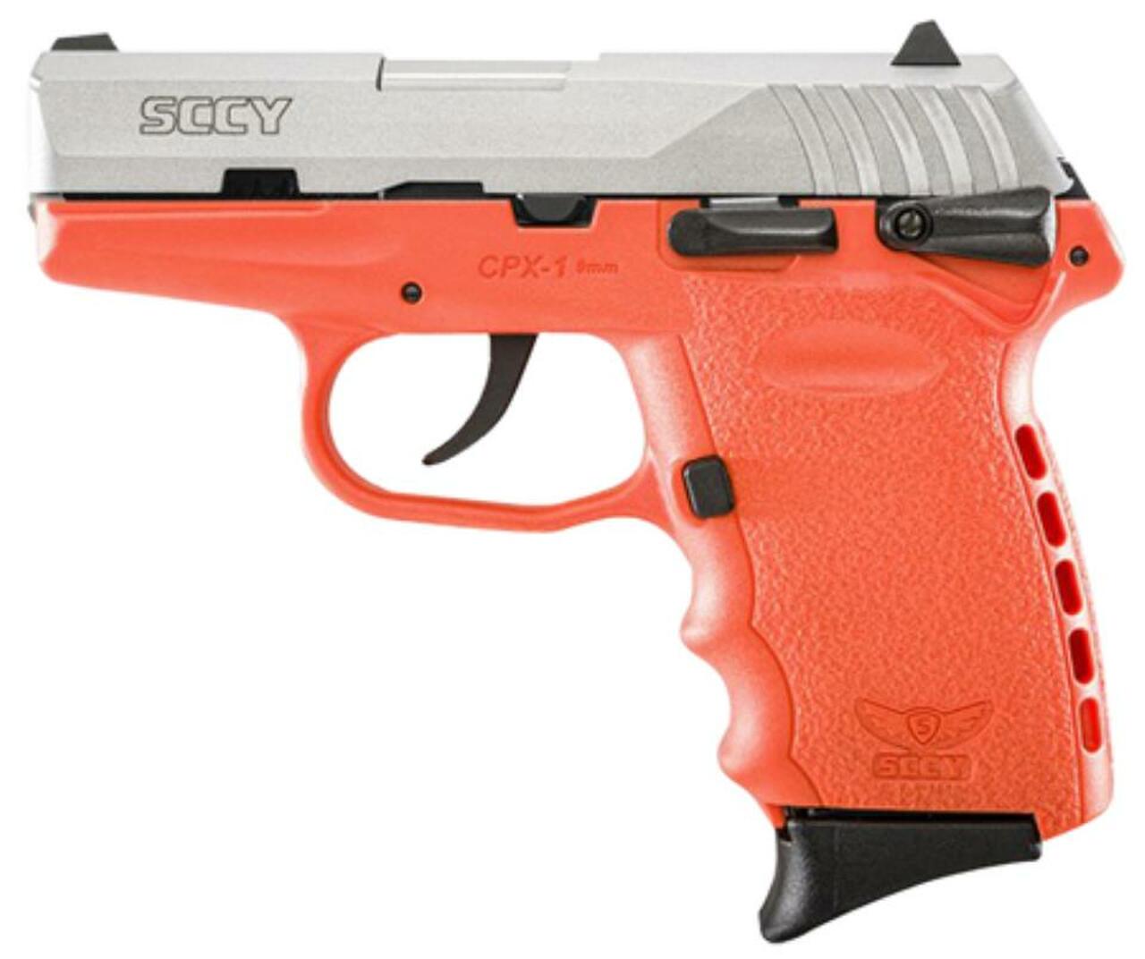 SCCY CPX-1 9mm, 3.1″, 10rd, Manual Safety, Orange Polymer Grame, Natural Stainless