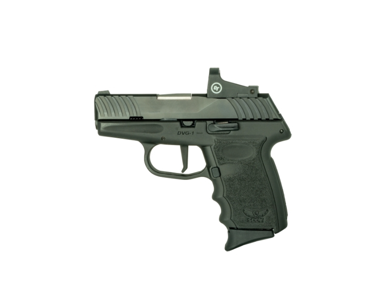 SCCY DVG-1 Striker Fired, Compact, 9mm, 3.1″ Barrrel, Flat Trigger, 5.5lb Trigger Pull, Black Slide with Nitride Finish, Black Polymer Frame, 10Rd, CTS-1500 3.5 MOA Red Dot Sight
