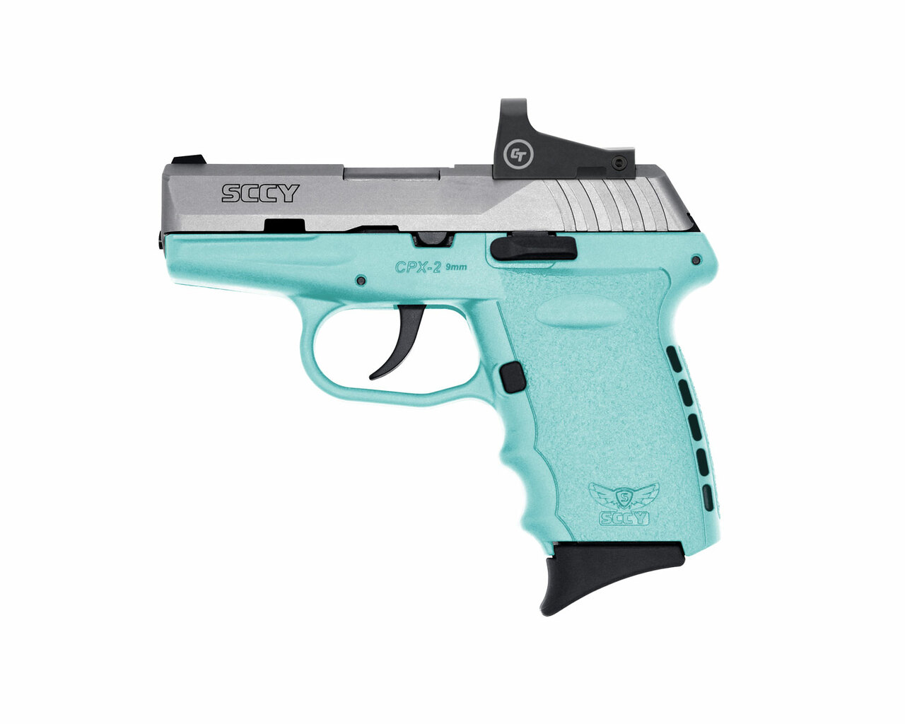 SCCY Industries CPX-2 RD 9mm, 3.10″ Barrel, Stainless Slide Robin Egg Blue Grip, NMS CTS-1500 Red Dot, 10rd
