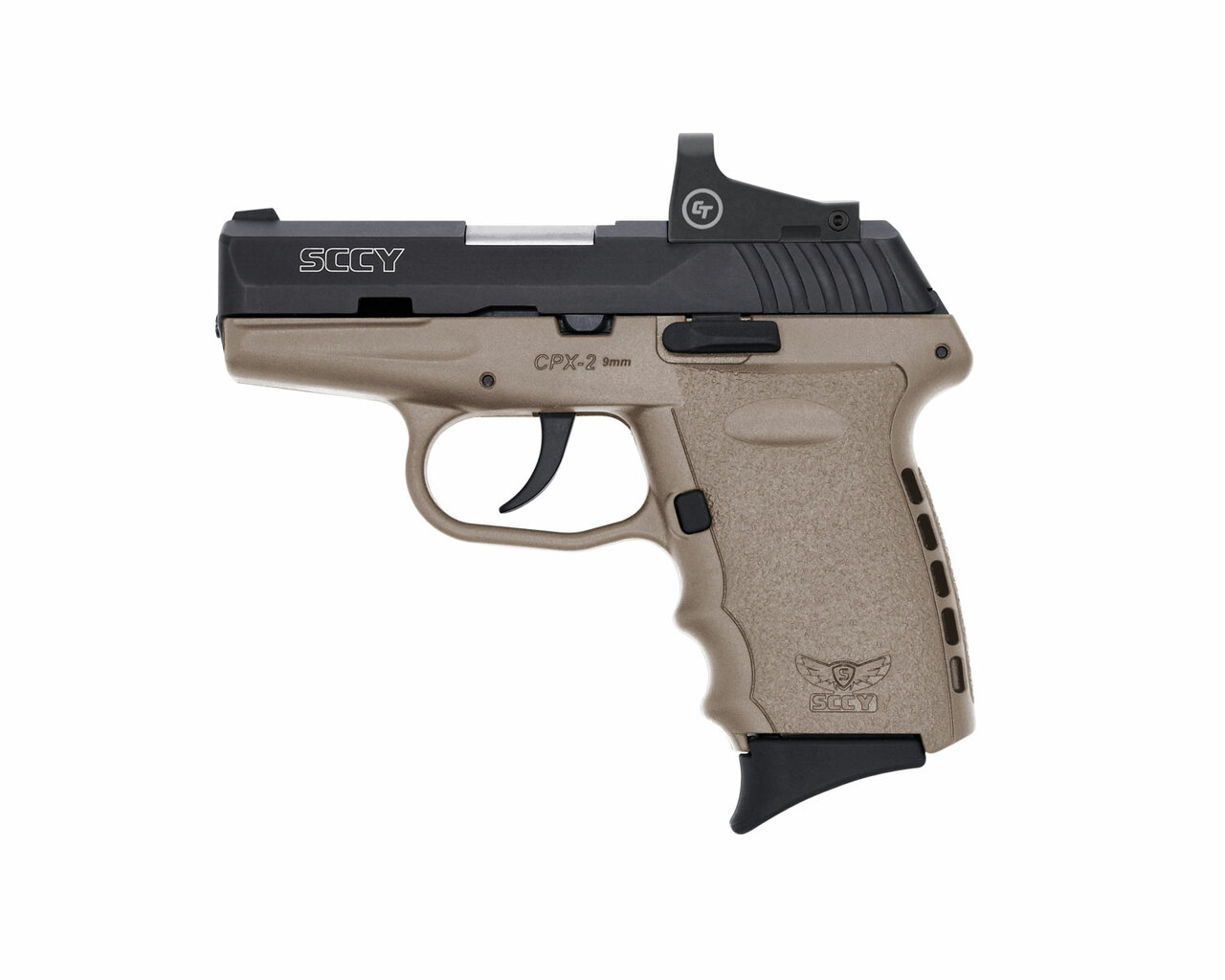 SCCY Industries CPX-2 RD DAO 9mm 3.10″, Black Slide Flat Dark Earth Polymer Frame/Grip Crimson Trace 1500 Red Dot No Manual Safety, 10 rd