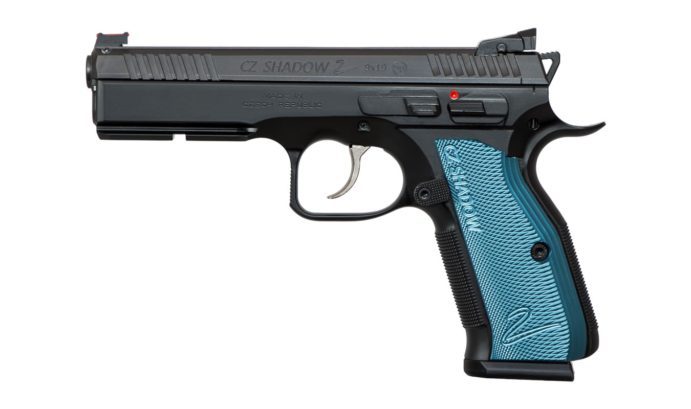 Shadow 2 9mm Black Pistol with Blue Aluminum Grips