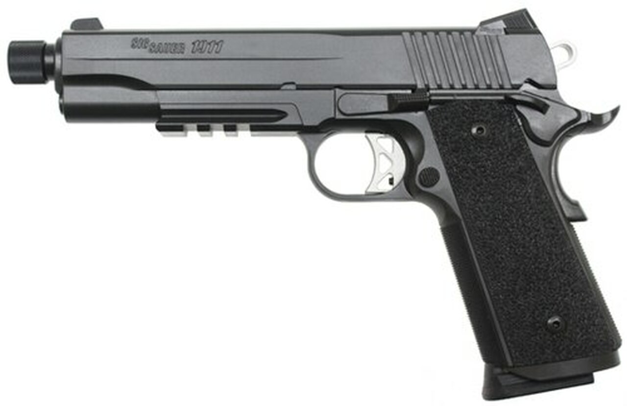 Sig 1911 45 ACP 5.6In TAC OPS Black SAO Siglite Ergo XT Grip (4) 8RD Steel MAG Rail Threaded (.578X28 RH)