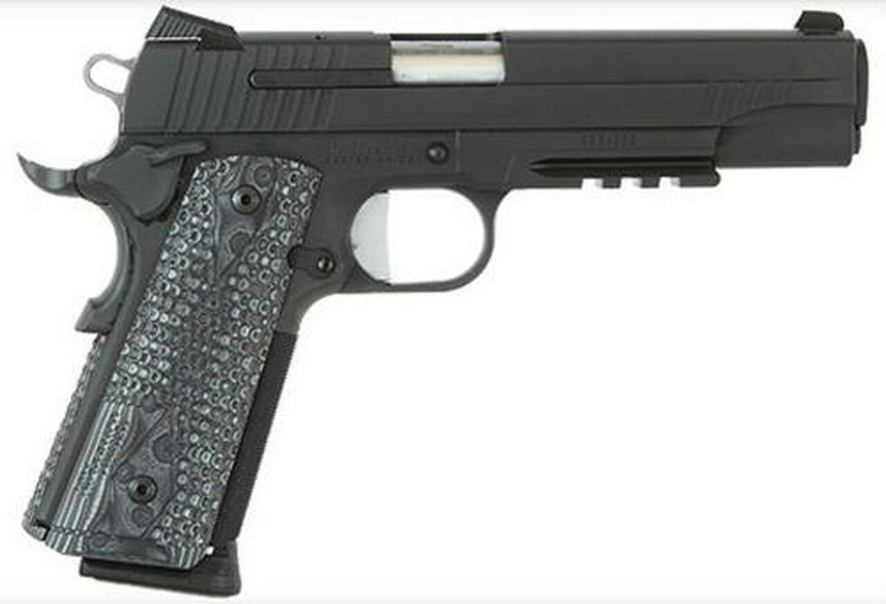 Sig 1911 45 ACP, 5″ Barrel, Extreme Black SAO Siglite Black/Gray G10 Grip (2) 8RD Steel MAG Rail