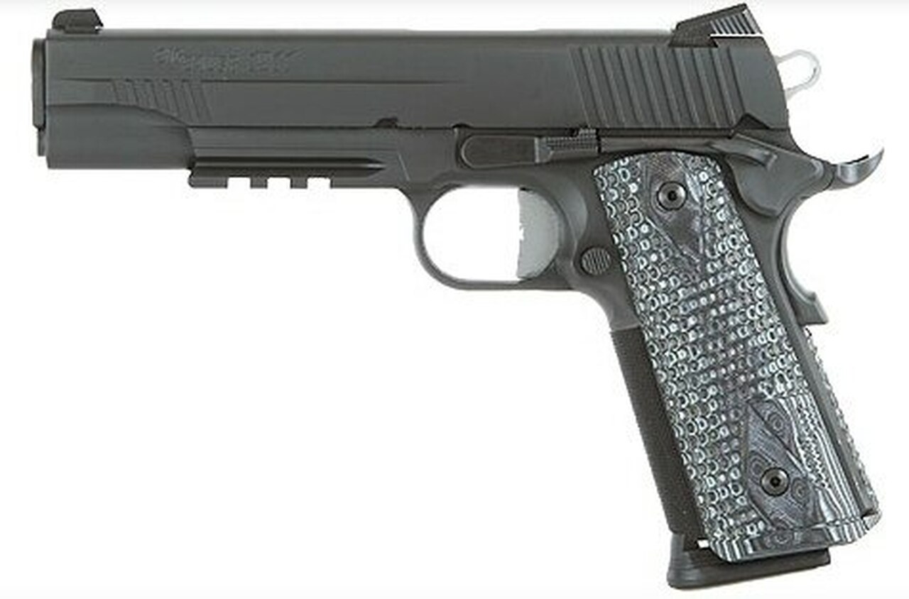 Sig 1911 45 ACP, 5″ Barrel, Extreme Black SAO Siglite Black/Gray G10 Grip (2) 8RD Steel MAG Rail