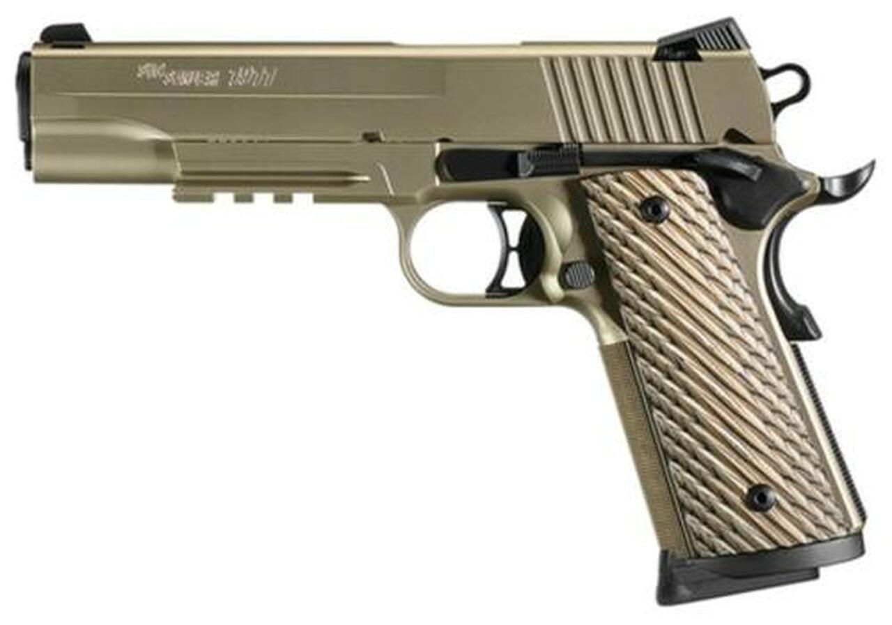Sig 1911 45 ACP, 5″ Barrel, Nickel NI PVD SAO Siglite Brown Vector Grip (2) 8RD Steel MAG Rail