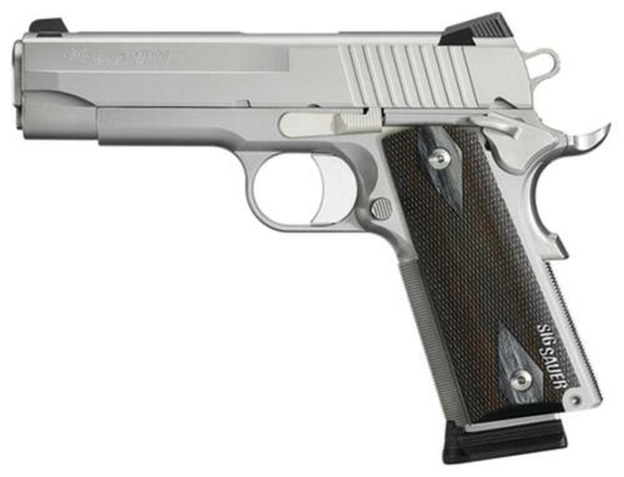 Sig 1911 45 ACP, 5″ Barrel, Stainless Stainless Finish SAO Siglite Blackwood Grip (2) 8RD Steel MAG CA Compliant
