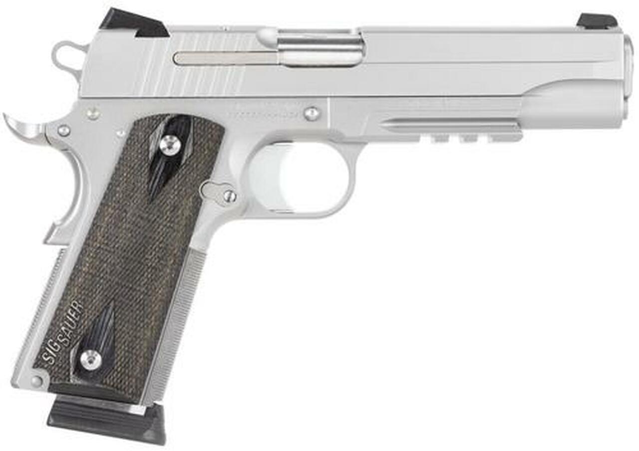 Sig 1911 45 ACP, 5″ Barrel, Stainless Stainless Finish SAO Siglite Blackwood Grip (2) 8RD Steel MAG Rail CA Compliant