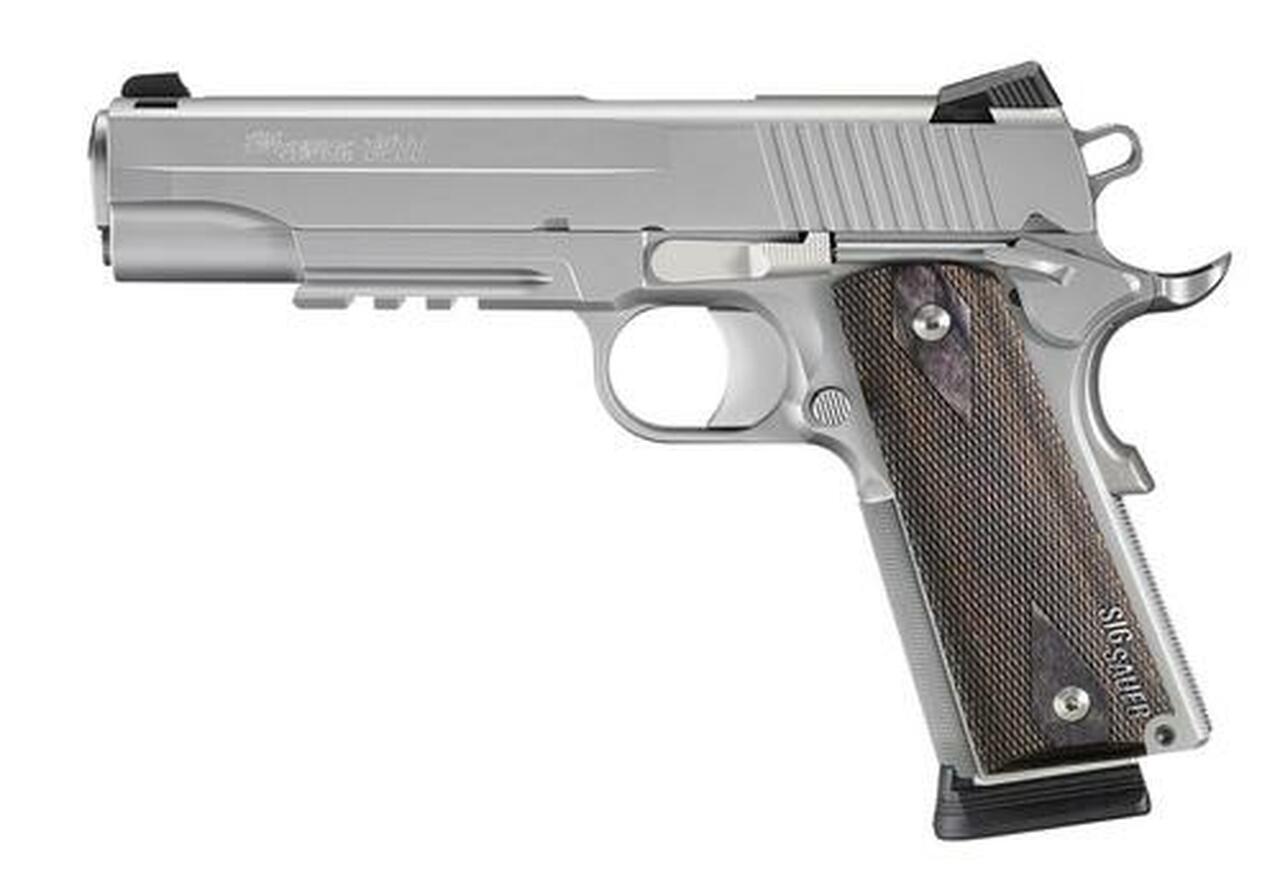 Sig 1911 45 ACP, 5″ Barrel, Stainless Stainless Finish SAO Siglite Blackwood Grip (2) 8RD Steel MAG Rail MA Compliant