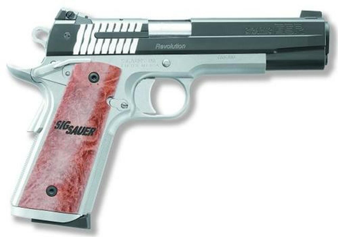 Sig 1911 45 ACP, 5″ Barrel, STX Reverse 2-Tone SAO Siglite Burled Maple Grip (2) 8RD Steel MAG