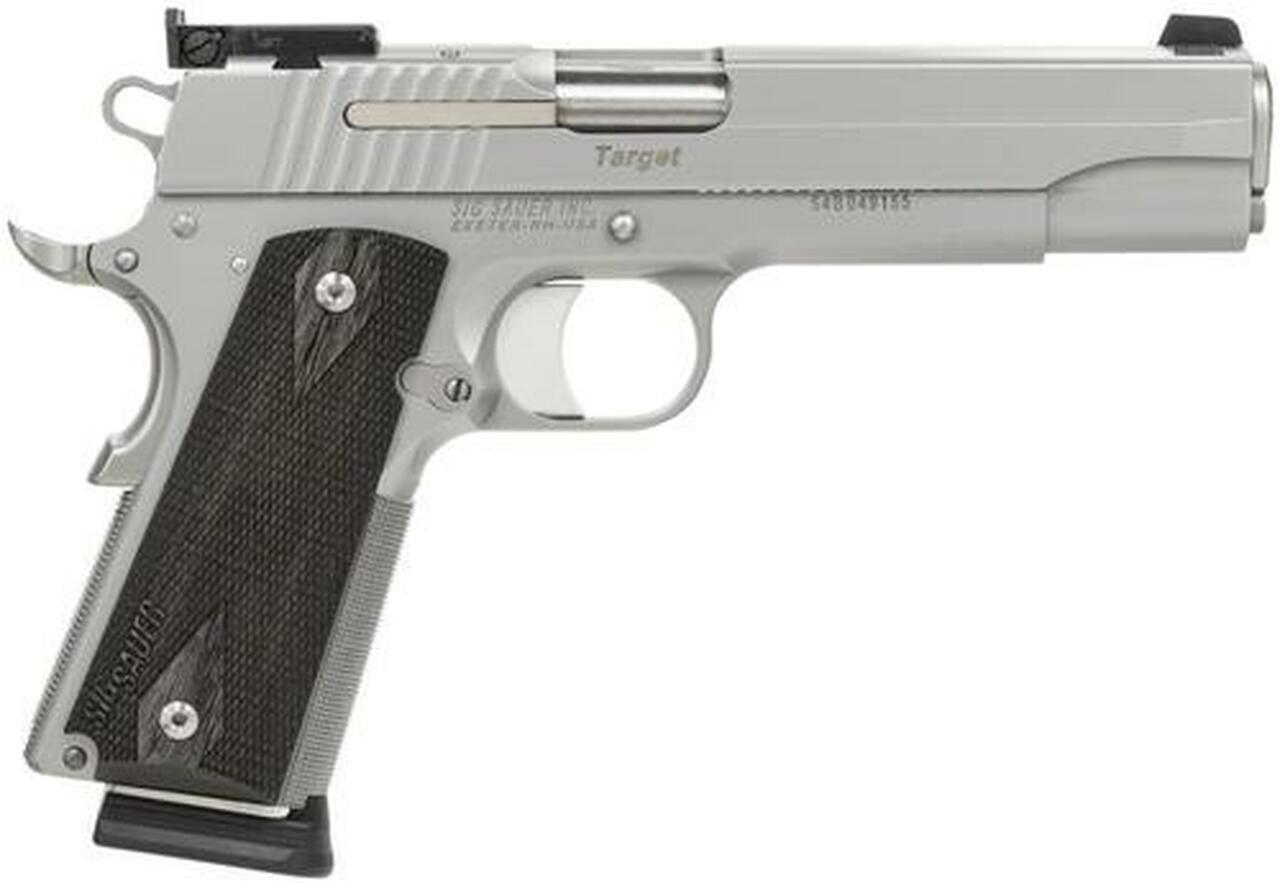 Sig 1911 45 ACP, 5″ Barrel, Target Stainless Finish SAO Adjustable Sights Blackwood Grip (2) 8RD Steel MAG CA Compliant