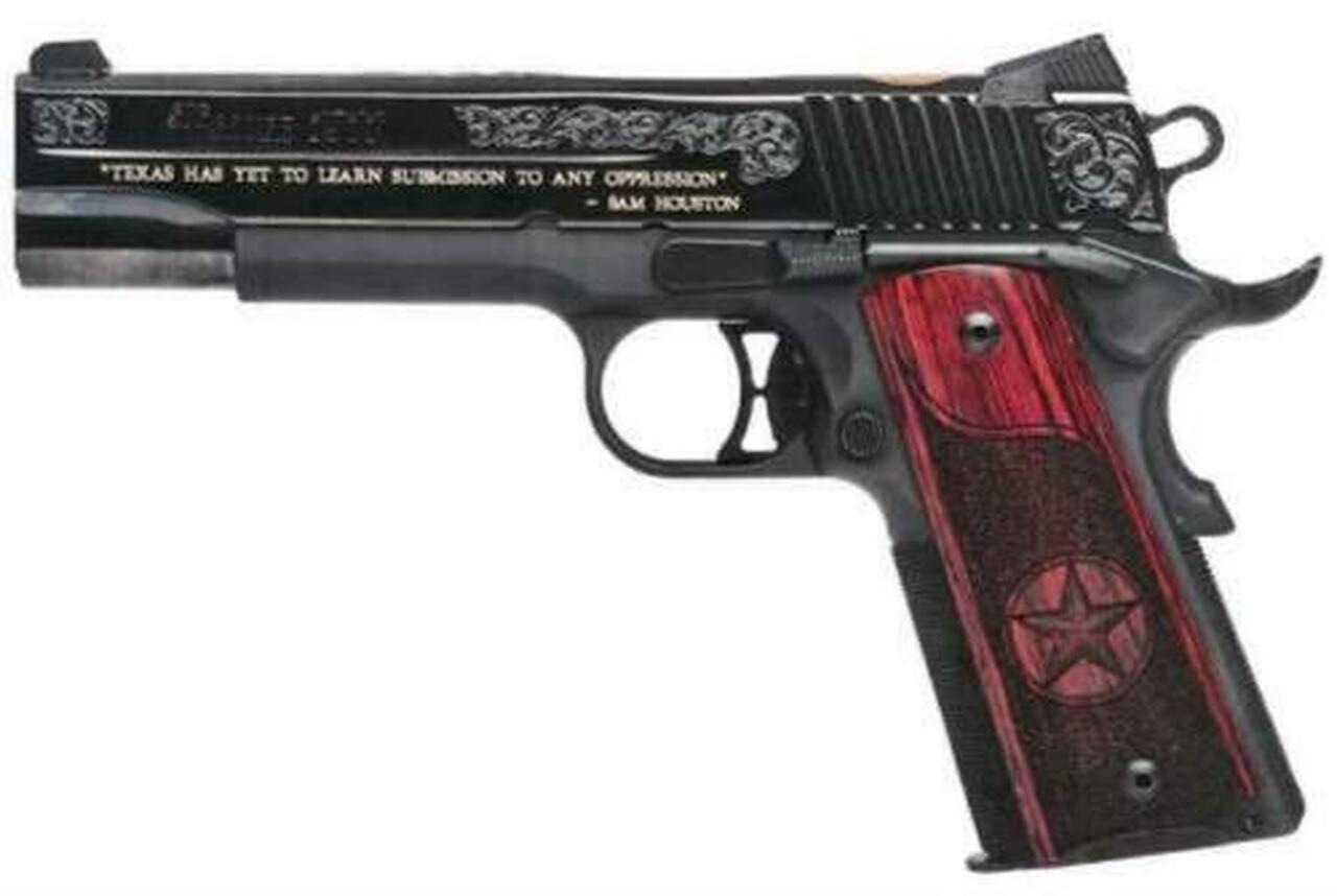 Sig 1911 45 ACP, 5″ Barrel, Texas Gold Engraved Nitron SAO Siglite Custom Texas Grip (2) 8RD Steel MAG