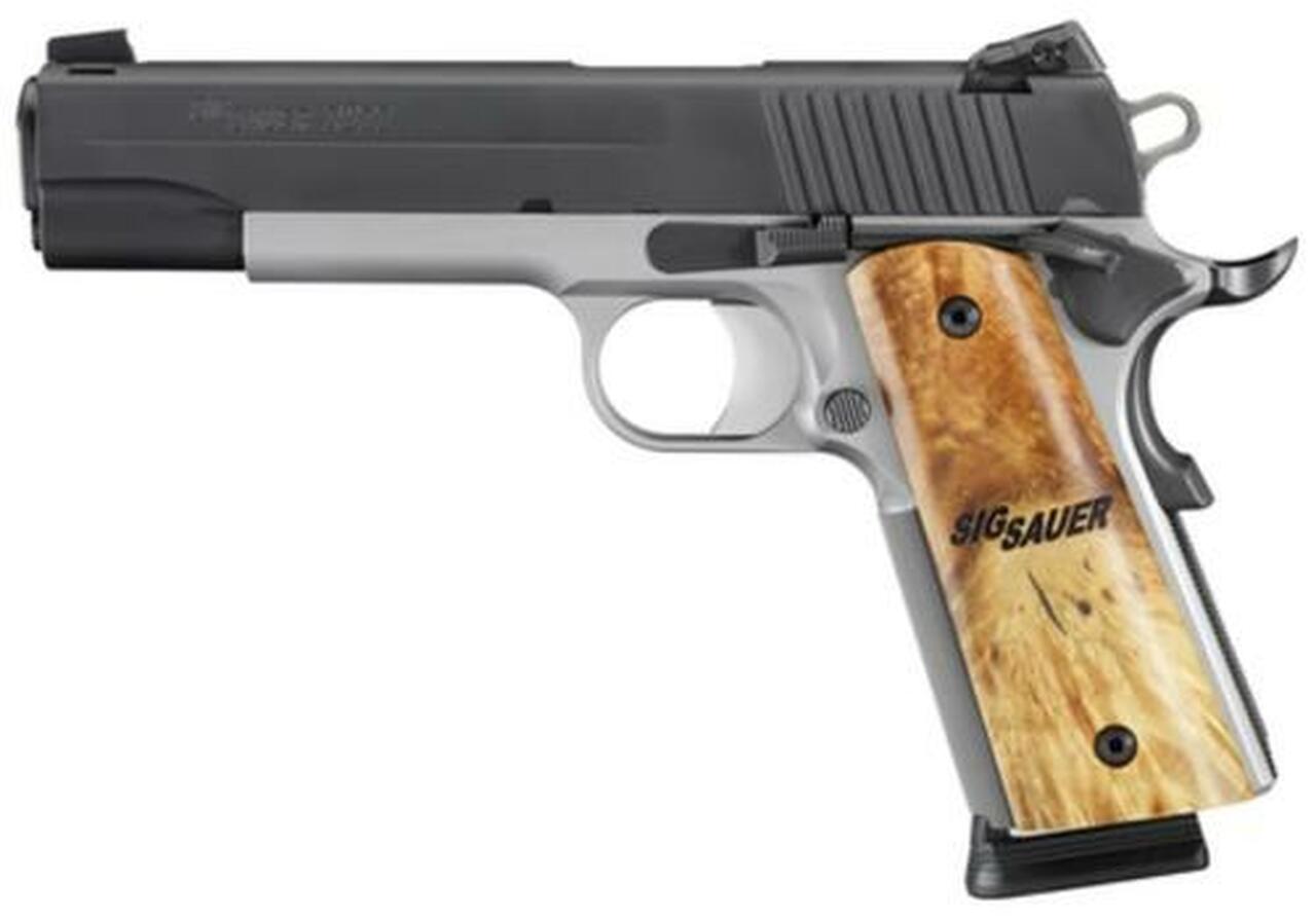 Sig 1911 45 ACP, 5″ Barrel, TTT Reverse 2-Tone SAO Siglite Burled Maple Grip (2) 8RD Steel MAG CA Compliant