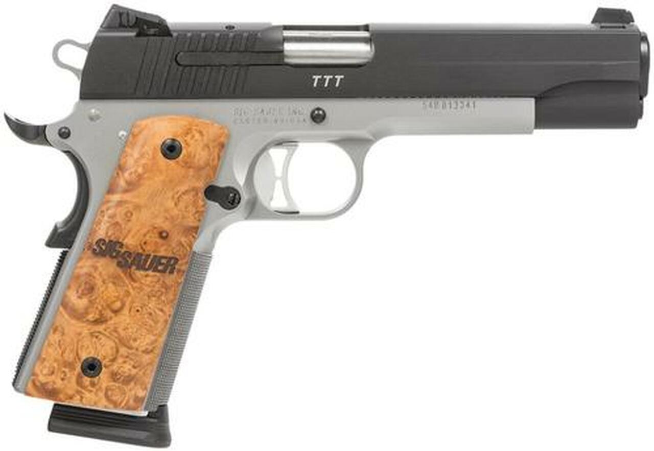 Sig 1911 45 ACP, 5″ Barrel, TTT Reverse 2-Tone SAO Siglite Burled Maple Grip (2) 8RD Steel MAG MA Compliant