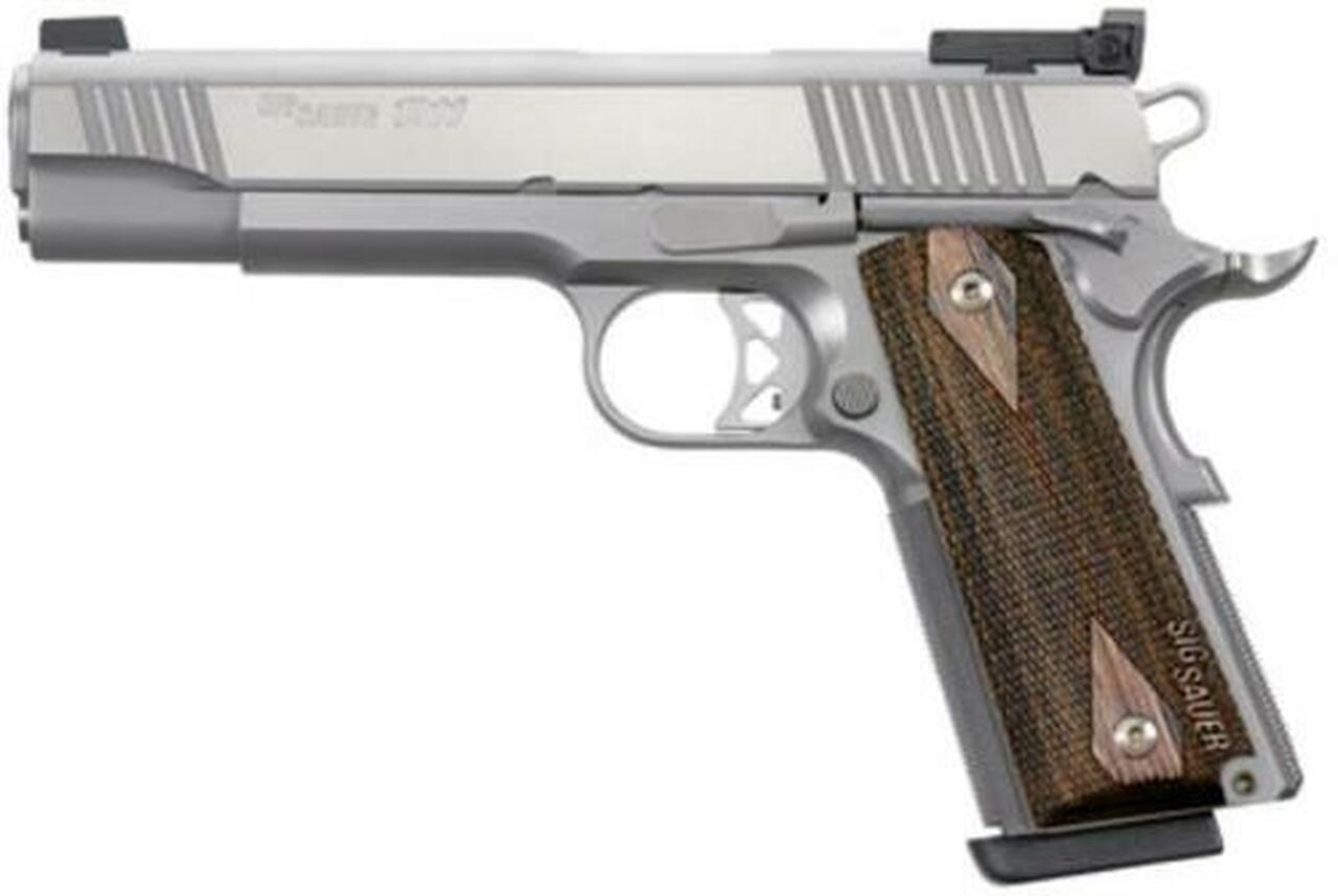 Sig 1911 9MM, 5″ Barrel, Match Elite Stainless Finish SAO Adjustable Sights Blackwood Grip (2) 9RD Steel MAG