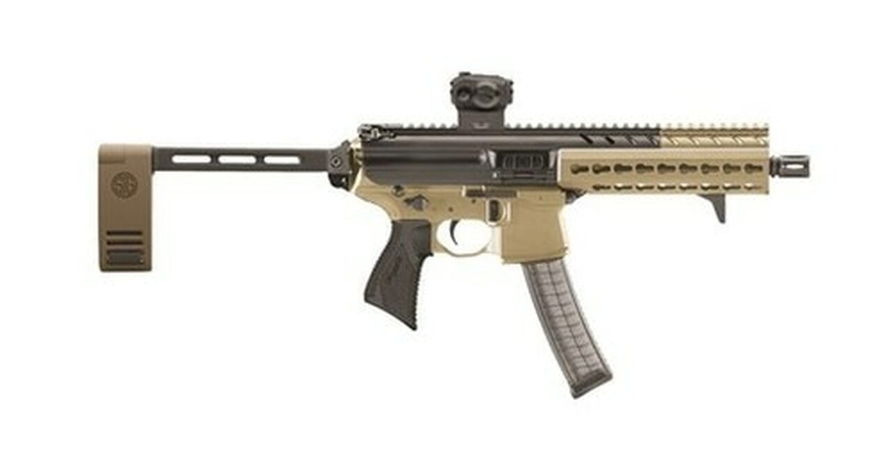 Sig MPX AR-15 Pistol, SIG Red Dot Sight 9mm 8″ Barrel KeyMod Rail, Flat Dark Earth, Pivoting Brace 30rd Mag