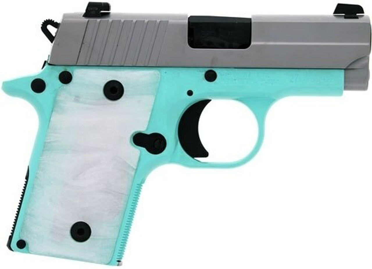 SIG P238, .380 ACP, 2.7″, 6rd, SIGLITE NS, Pearl-White Grips, Robin Egg Blue