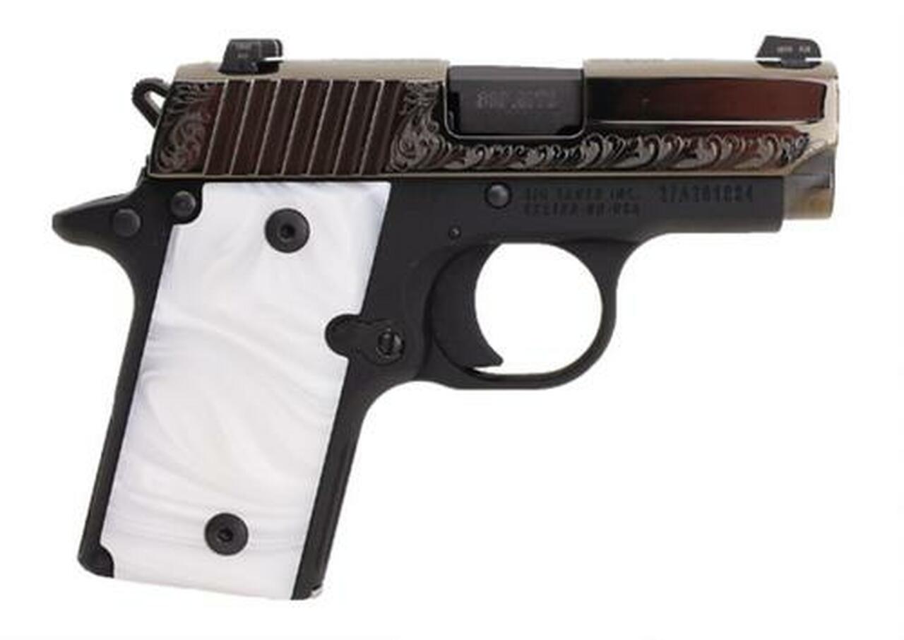 Sig P238 380 ACP 2.7In White Pearl Nitron Engraved Slide SAO Siglite White Pearl Grip (1) 6RD Steel MAG